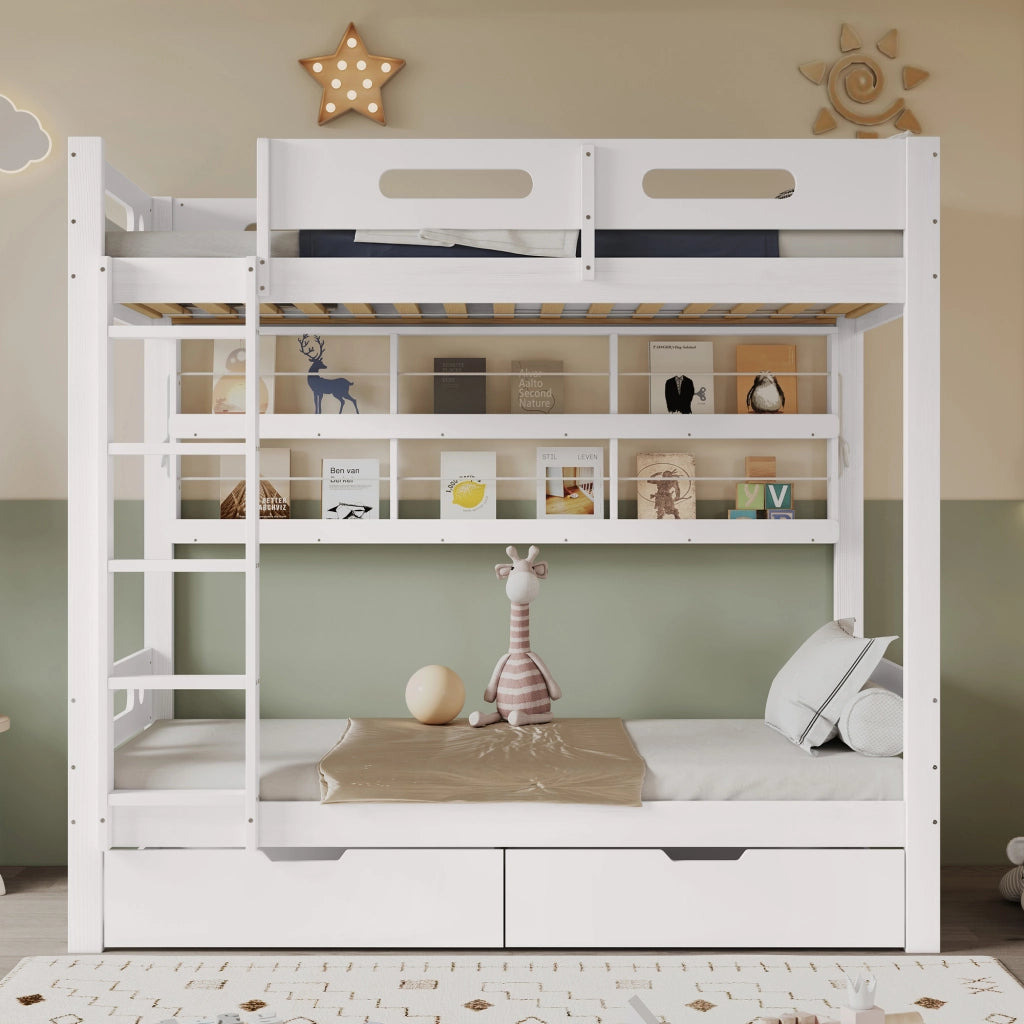 Desviae Letto a castello per bambini 90 × 200 cm con scala a 5 gradini cassetti su ruote ripiani struttura in legno e MDF