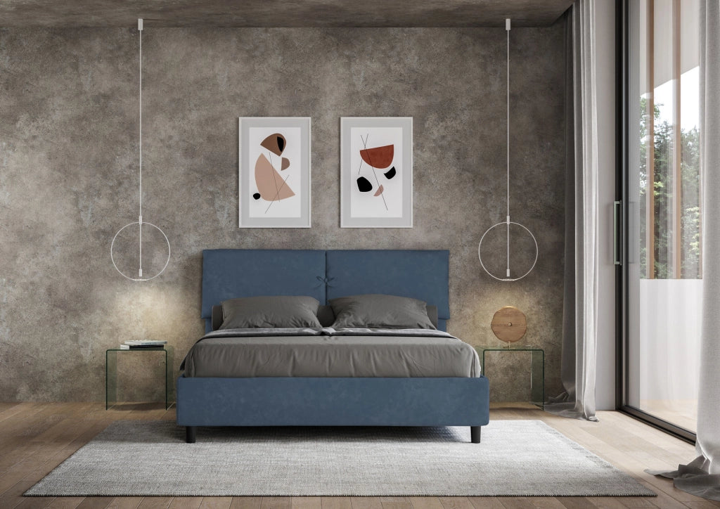 BS COM Letto matrimoniale con rete imbottito 160x190 microfibra blu