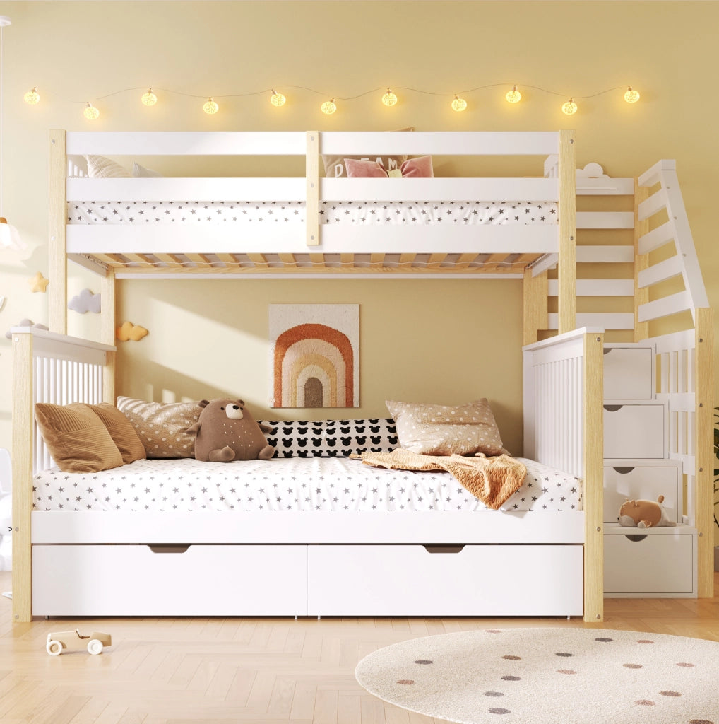 Letto a castello 90x200 e 140x200 cm con cassetti bianco e naturale HOMVRA