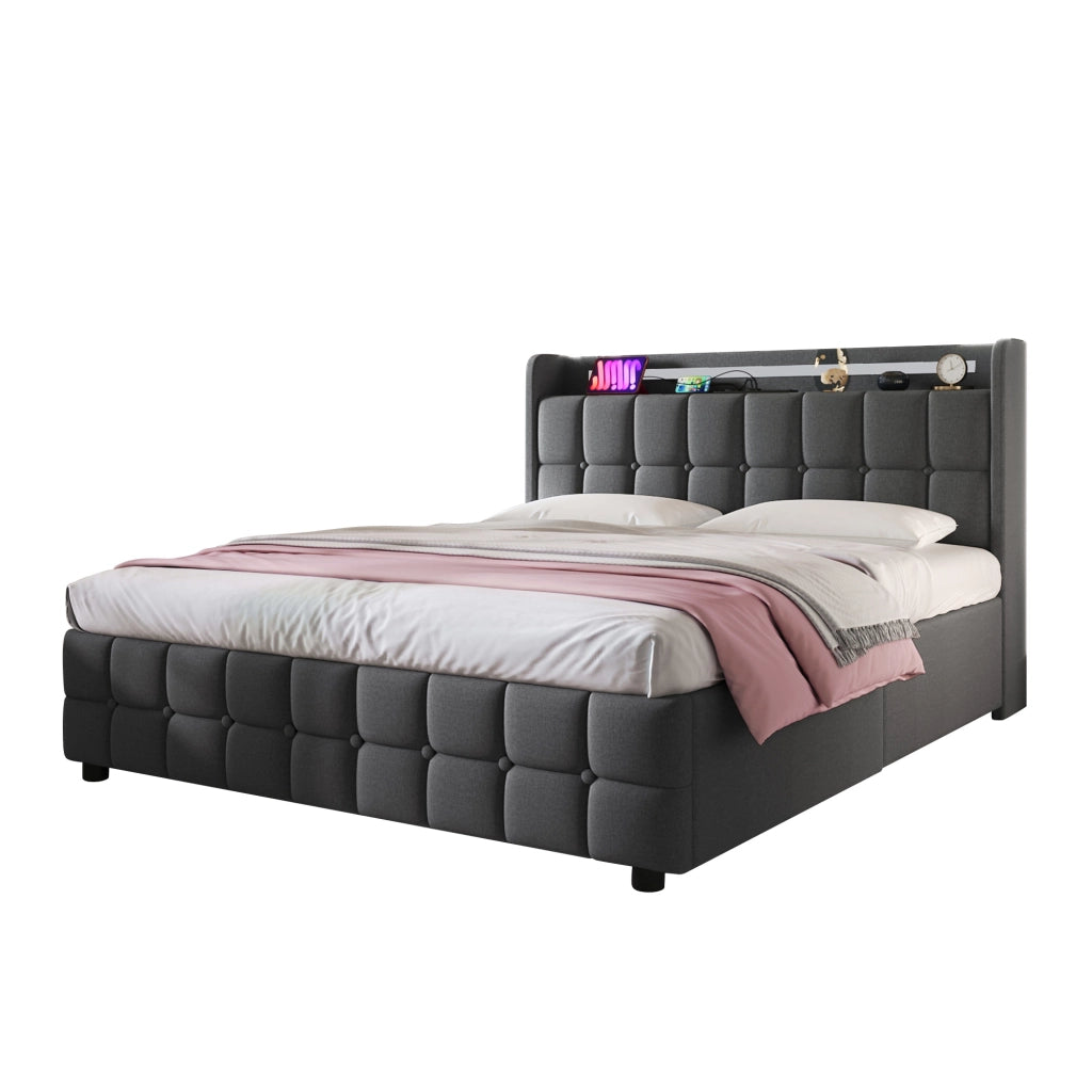 Letto matrimoniale imbottito 160x200 cm con testiera con ricarica USB e LED, 4 cassetti, contenitore, rete a doghe in legno - Grigio (Senza materasso)