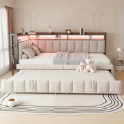 Divano letto ULEVR 90x200 cm estraibile con LED, USB e Type-C, vani portaoggetti, velluto beige