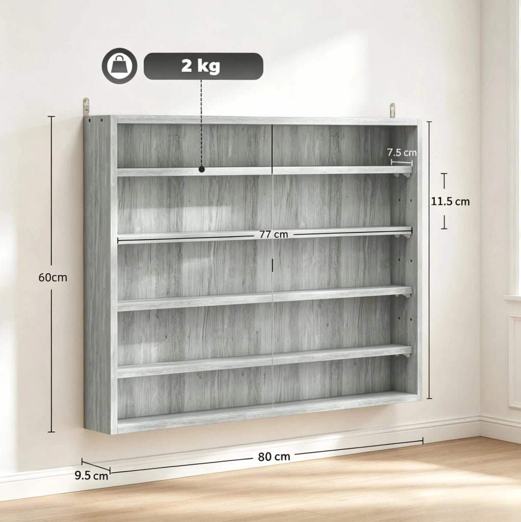 Vetrina da parete moderna in truciolato e vetro 80x9,5x60 cm grigia con 4 ripiani regolabili