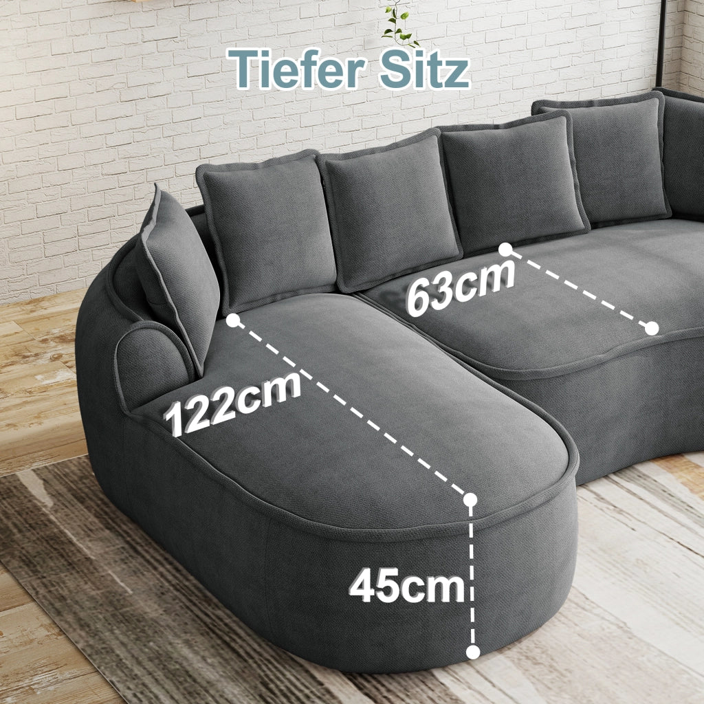 Divano con chaise longue senza telaio in tessuto di ciniglia grigio con seduta profonda e cuscini inclusi