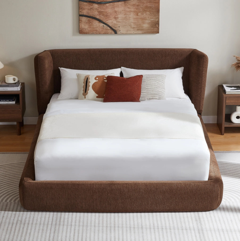 Letto Matrimoniale 160 x 200 cm con Testiera Imbottita e Telaio in Acciaio Marrone - Materasso non Incluso