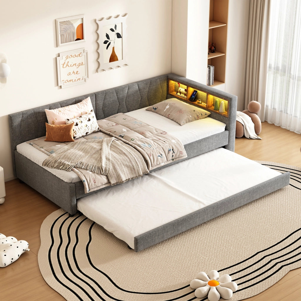 Letto singolo 90x200 cm con secondo letto estraibile; LED; USB e tipo C; lino e MDF; beige