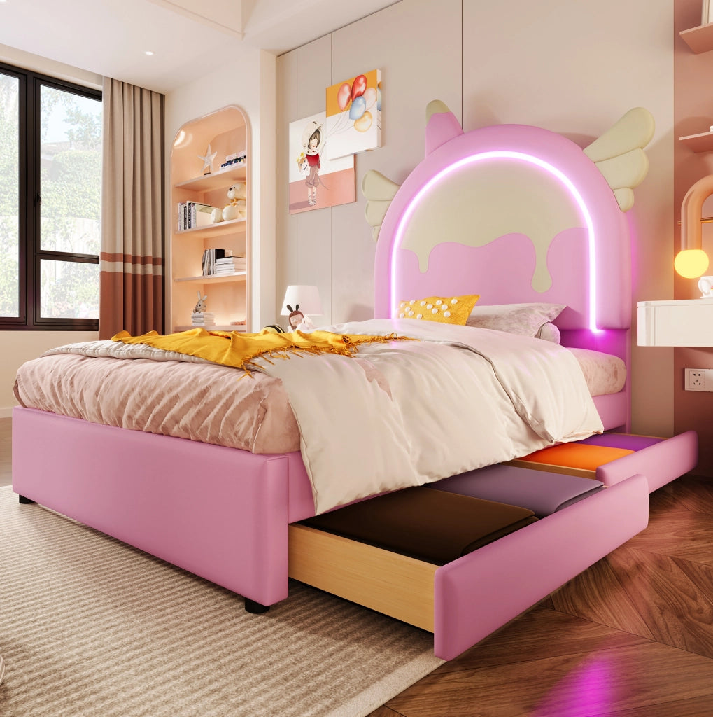 Letto imbottito rosa 90x200 cm con 2 cassetti e luce LED, forma unicorno