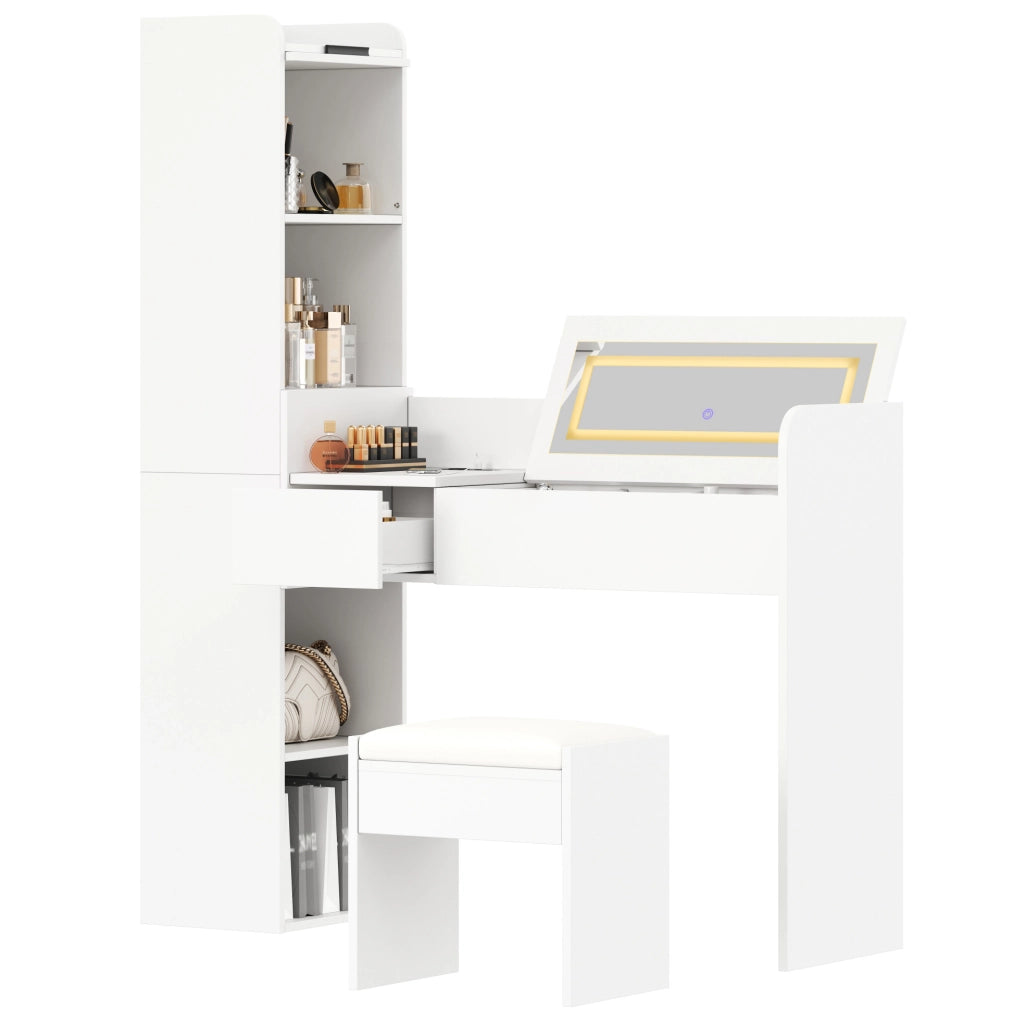 Toeletta 131x40x160 cm con specchio LED, USB e sgabello in legno ingegnerizzato bianco