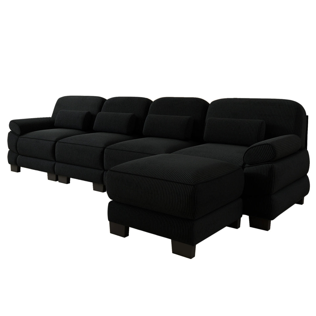 Divano modulare ad angolo in velluto a coste nero con pouf; 336 × 161 × 94 cm