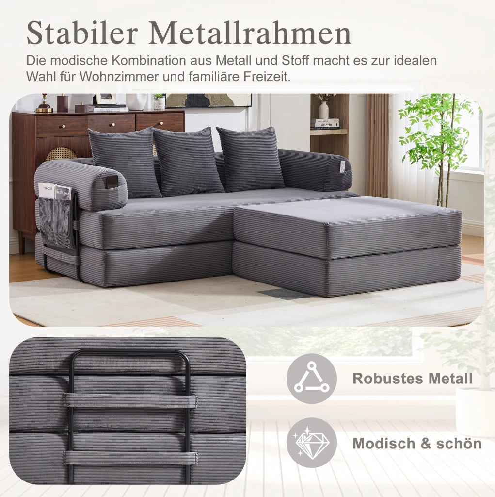 Sofa modulare in velluto a coste con pouf; tasca laterale e 3 cuscini; grigio scuro