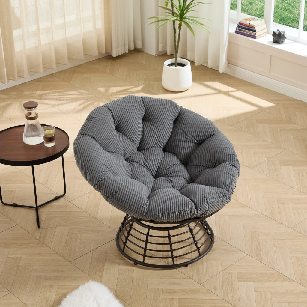 Sedia Papasan Ergonomica in Rattan con Cuscino Spesso e Girevole a 360°, Telaio Marrone e Cuscino Grigio in Velluto a Coste