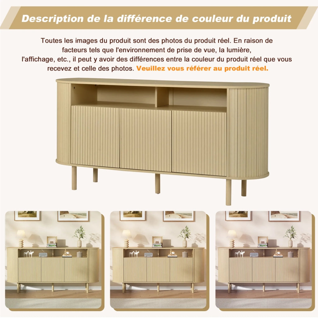 Sideboard 160x40x78,5 cm in truciolare con 3 ante ondulate e ripiano aperto, gambe in legno massello, colore legno naturale, portata 75 kg