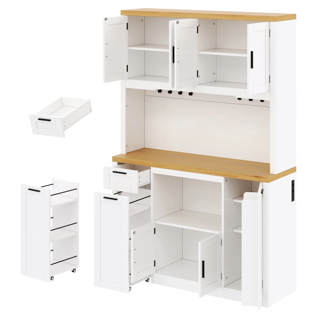 Mobile cucina 120x40x182 cm con LED RGB, prese e cassetti in MDF bianco e naturale