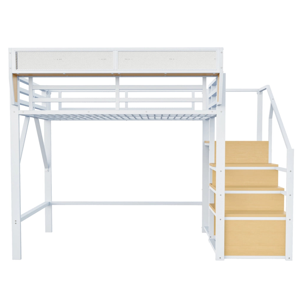 Letto a soppalco 140x200 cm in metallo con scaletta di sicurezza e ripiano modulabile, bianco