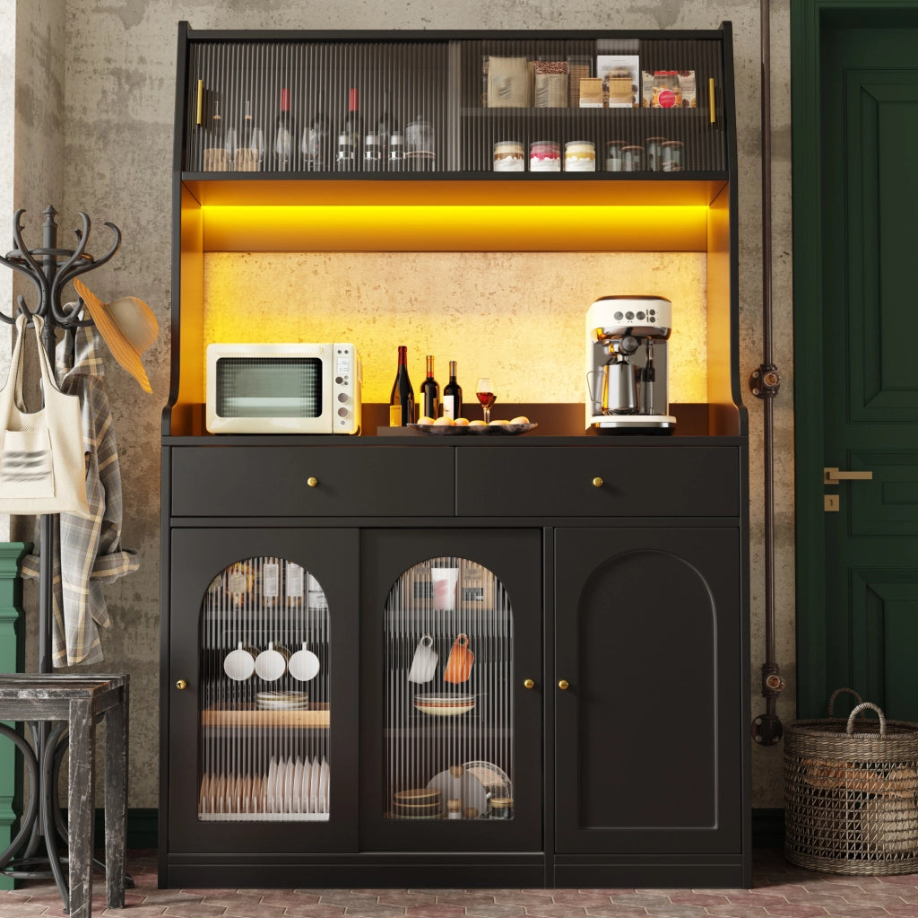 Buffet Cabinet con LED regolabile, 120x40x180 cm, MDF e PB, nero, 2 cassetti e ripiani regolabili