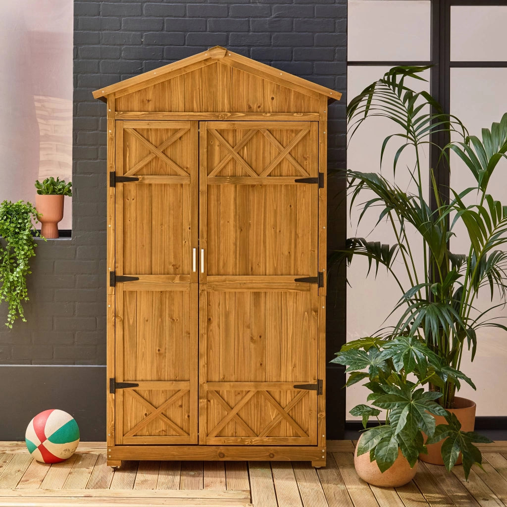 Casetta da giardino in legno d'abete e 6 vani portaoggetti, 105cm,