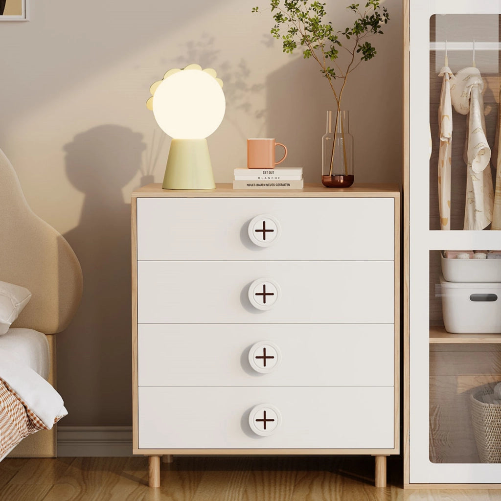 COMODINO 4 cassetti 80x54x90 cm MDF Naturale e Bianco