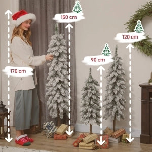 Alberi di Natale artificiali innevati, 3 pezzi da 90, 120 e 150 cm in plastica bianco e verde, salvaspazio e ignifughi