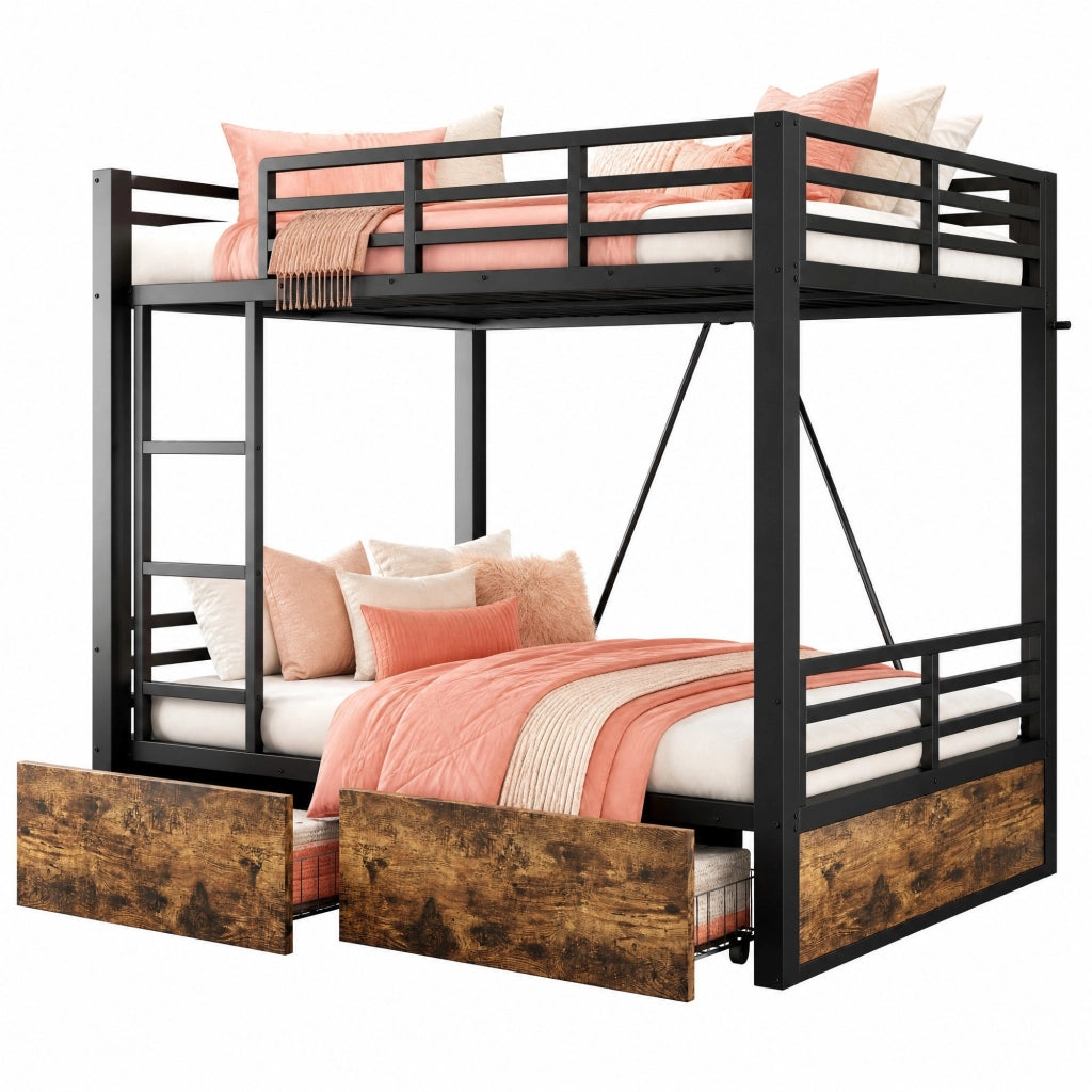 Letto a castello 140 × 200 cm 2 posti con cassetti e scala; senza materasso; in metallo e legno; nero