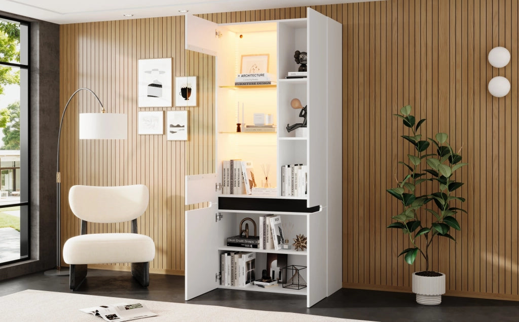 Vetrina bianca con LED, 4 ante in MDF e vetro temperato, 80×35×180 cm per soggiorno e sala da pranzo