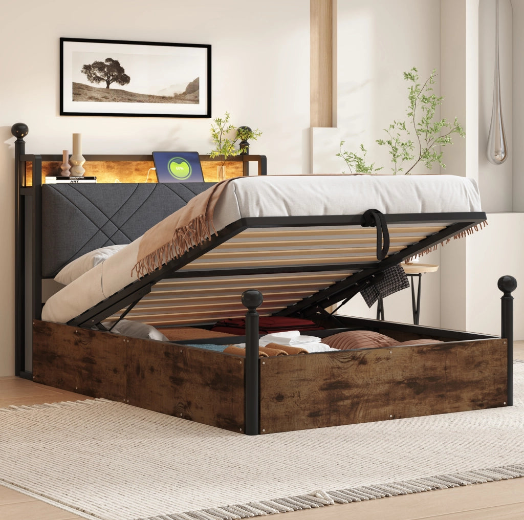 Letto a baldacchino 90x190 cm con contenitore idraulico, LED e USB-C in ferro nero