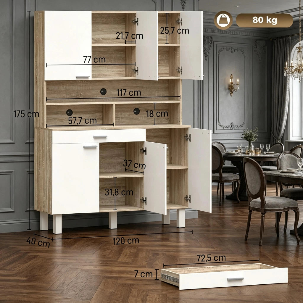 Mobile colonna da cucina con quattro vani chiusi cassetto ripiano aperto legno bianco e naturale 120 × 40 × 175 cm