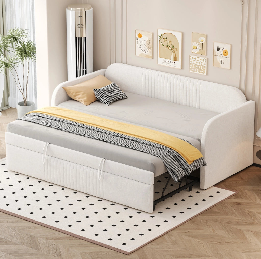 Divano letto imbottito estensibile con rete a doghe, beige
