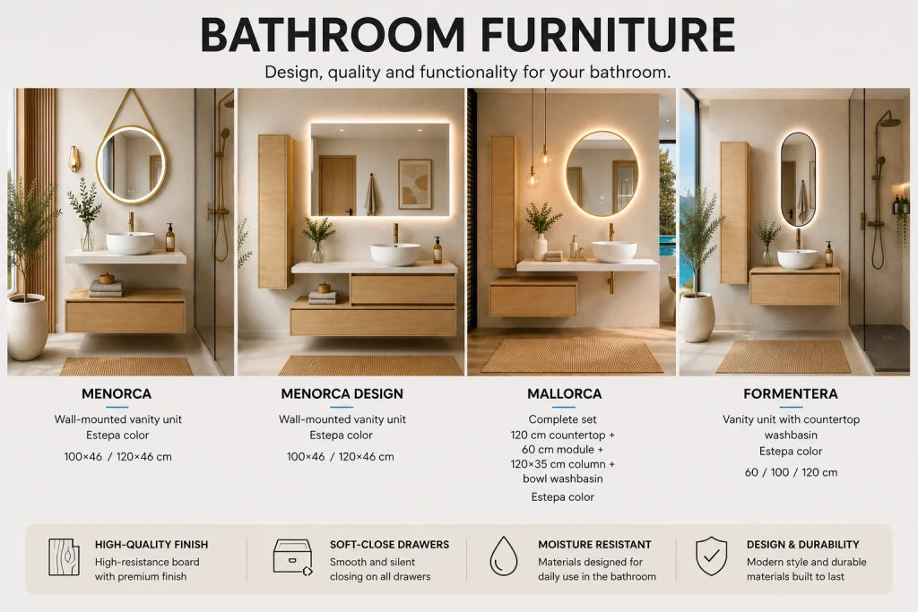 Mobile bagno componibile IBIZA QUATTRO con lavabo e colonna, senza specchio – Rovere smoky