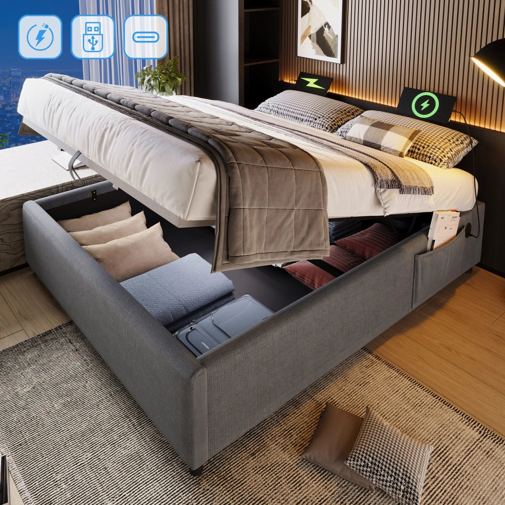 OKWISH Letto contenitore 140×200 cm, Letto Matrimoniale con USB, Type C e tasca laterale, senza Materasso, in Lino Cotone, Grigio