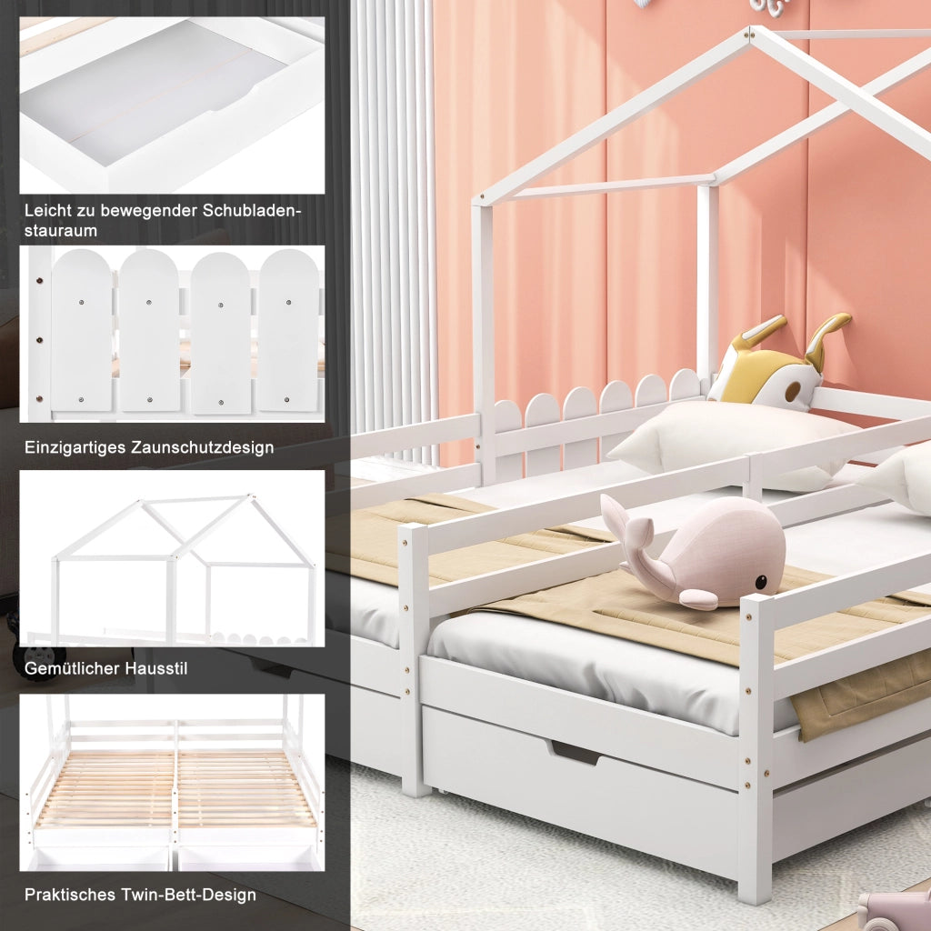 Letto a casetta 200 × 90 cm con due posti letto e 2 cassetti su ruote in legno bianco