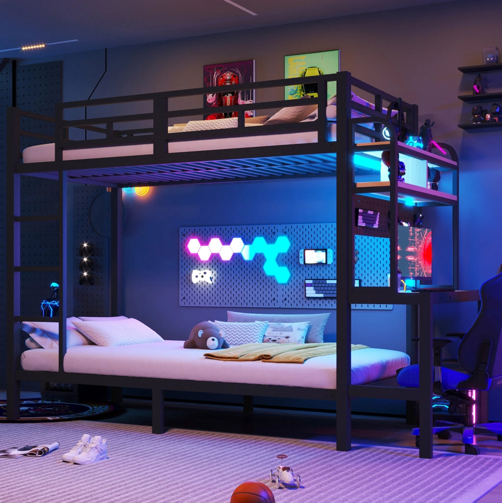 Letto a soppalco singolo 90x200 cm con scrivania; LED e USB in metallo e MDF nero