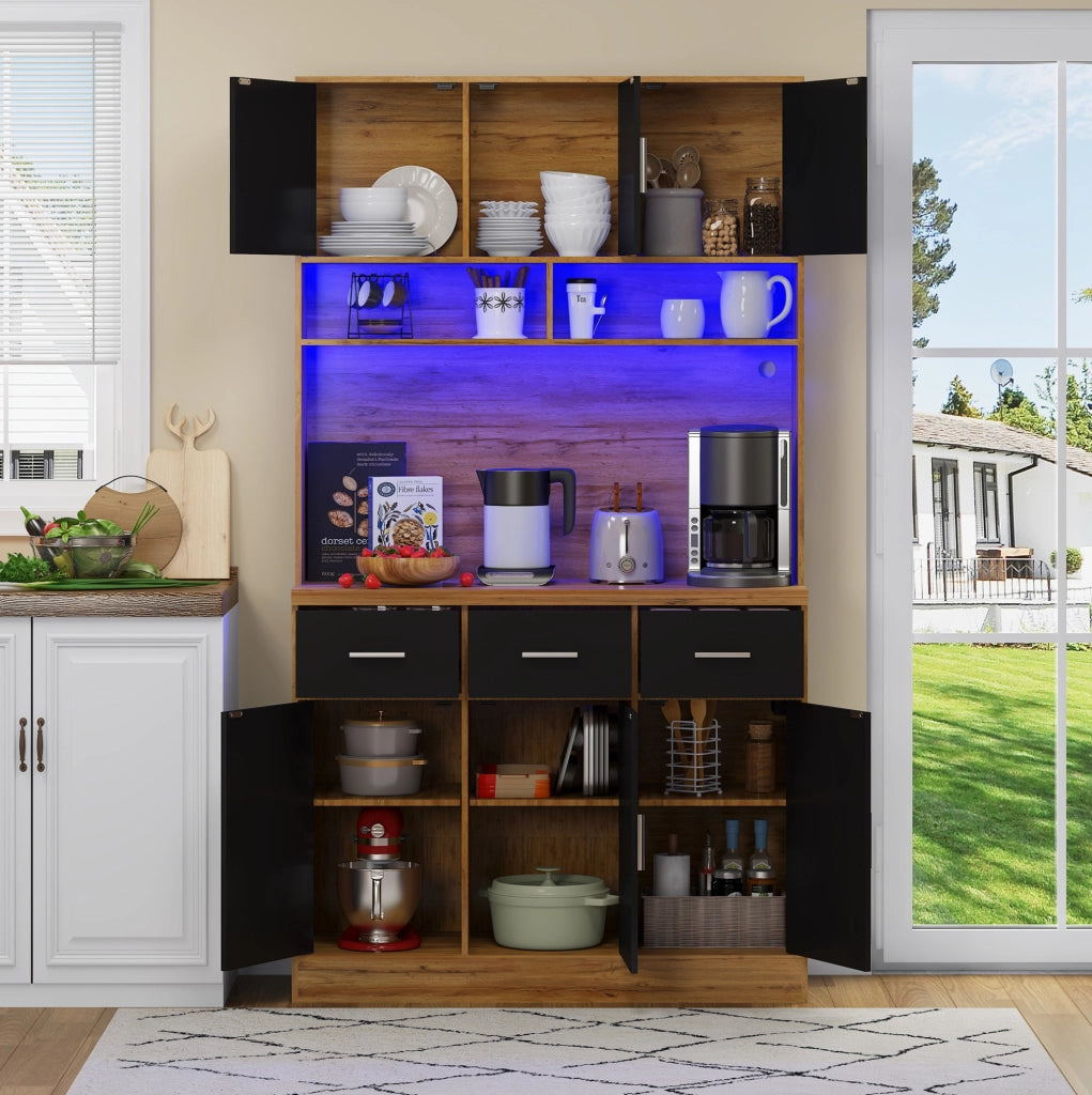 Mobile buffet 100x40x180 cm naturale e nero in MDF, LED e prese