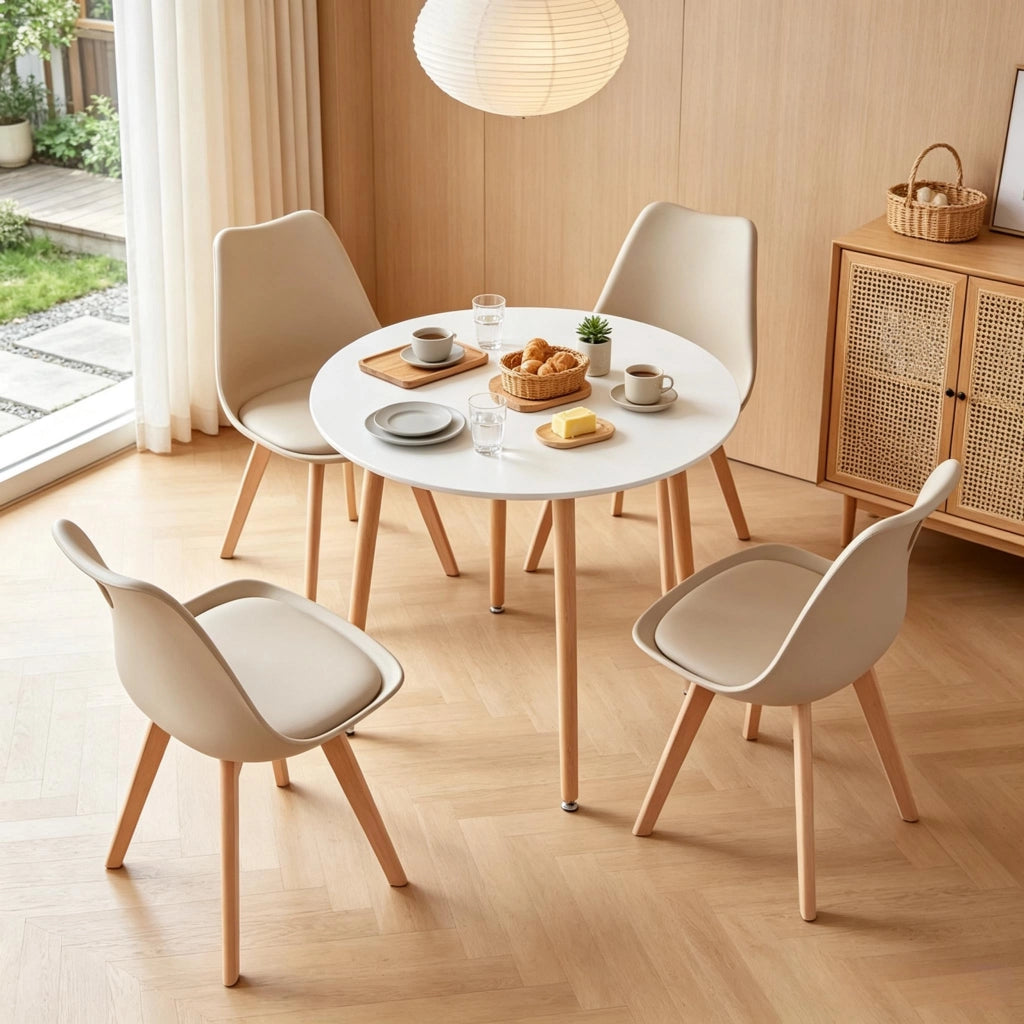 Set tavolo e sedie 5 pezzi con tavolo rotondo e 4 sedie in plastica legno e similpelle per cucina e sala da pranzo