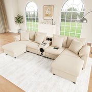 Divano modulare U/L in velluto a coste beige con console Bluetooth; ricarica wireless; USB e Type-C