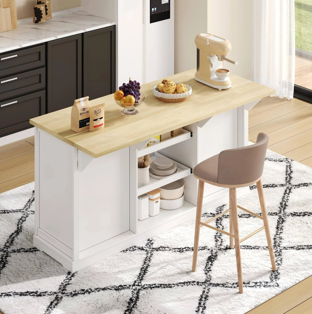 Mobile da cucina 150x65x75;5 cm con 5 cassetti; piano ribaltabile e prese USB; bianco