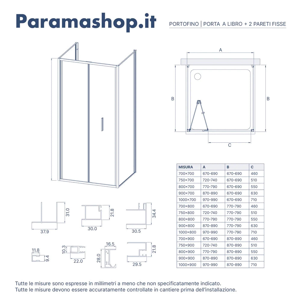 Box doccia 3 lati 90x75x90cm con porta a libro profili oro spazzolato vetro 6mm trasparente anticalcare h190| Portofino