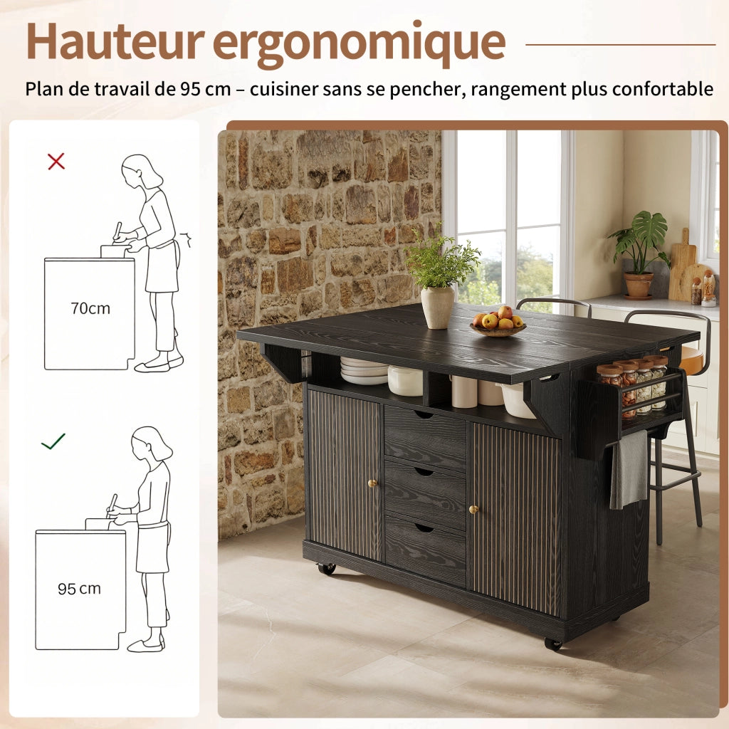 Carrello da cucina con piani laterali pieghevoli 3 cassetti ripiani regolabili ruote con freno nero MDF metallo