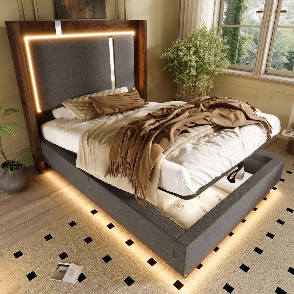 Letto singolo 90x200 cm con testiera imbottita in lino grigio, contenitore con sistema idraulico, LED integrati e rete a doghe in legno e metallo