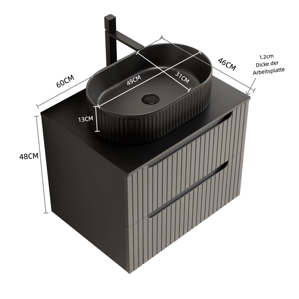 Mobile lavabo sospeso 60 cm, nero con lavandino ovale e piano in pietra sinterizzata, mobile in compensato striato con 2 cassetti, grigio scuro, preassemblato