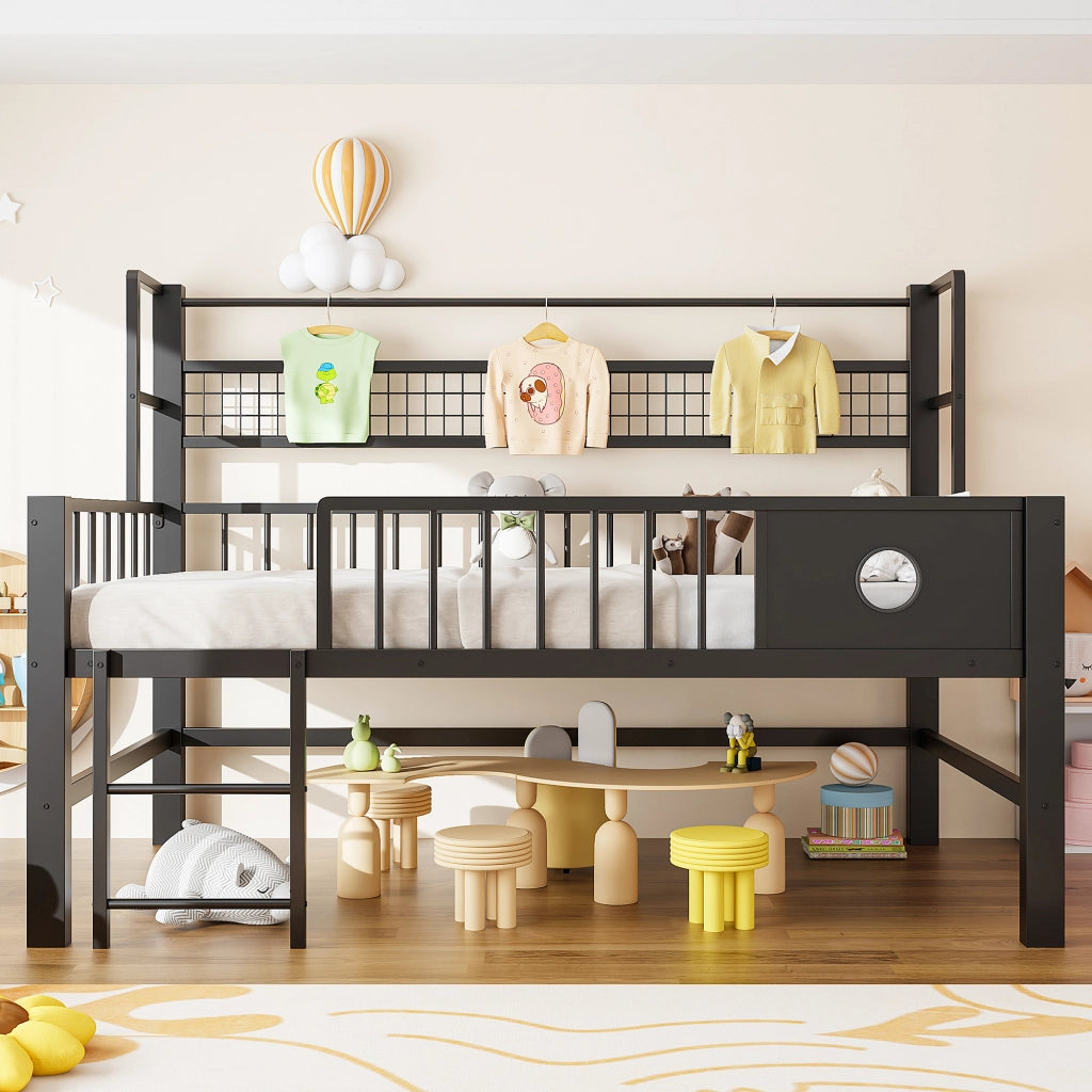 Letto a soppalco basso per bambini 90 × 200 cm in metallo e MDF nero con sponde alte ripiano e barra appendiabiti