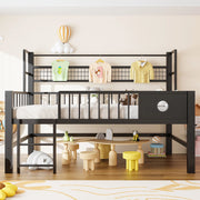 Letto a soppalco basso per bambini 90 × 200 cm in metallo e MDF nero con sponde alte ripiano e barra appendiabiti
