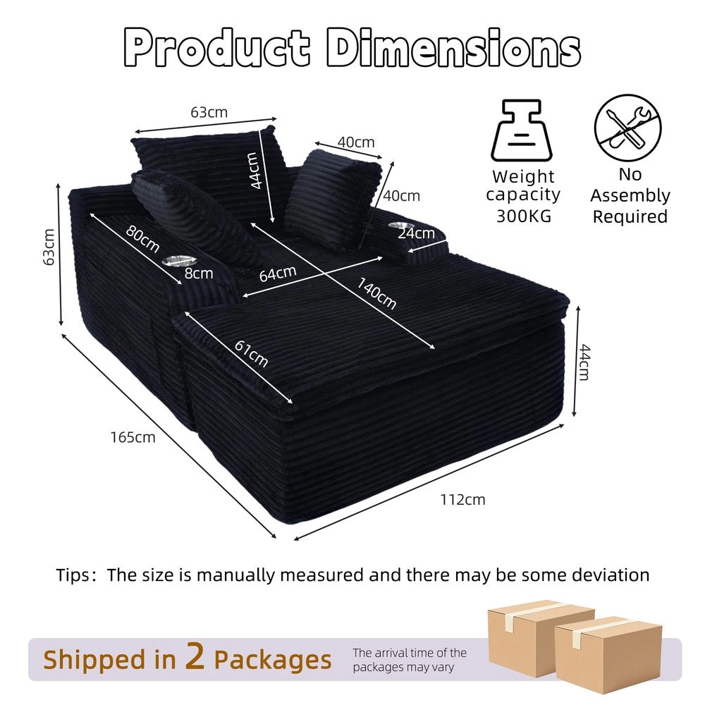 Divano Letto con Chaise Longue ¨C MINIMAL ¨C Nero, 3 Cuscini, Senza Montaggio