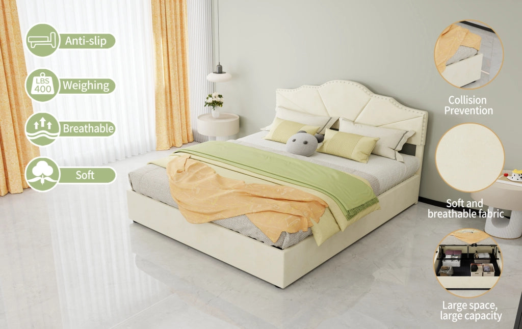 Letto moderno minimalista 160x200 cm beige con testiera imbottita e struttura contenitore con pistone pneumatico, materasso incluso