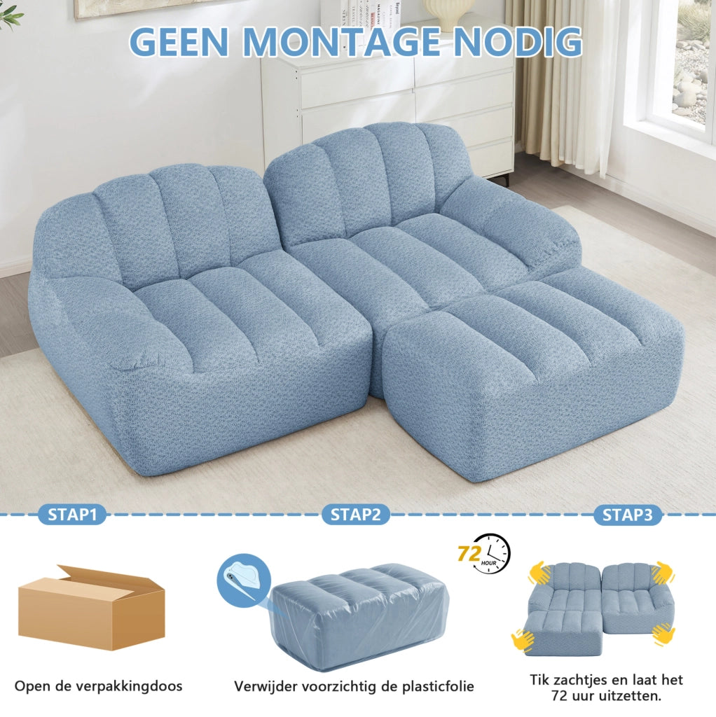 Divano modulare angolare 3 posti con pouf, schiuma ad alta densità 32D, tessuto blu morbido per soggiorno