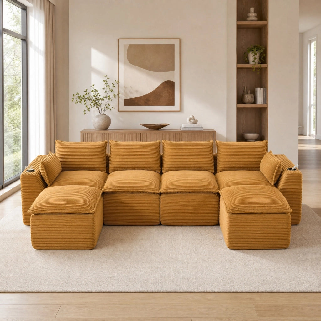 Divano modulare 4 posti 322x161x75 cm in tessuto arancione con 2 pouf