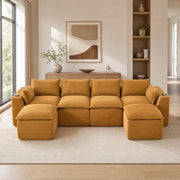 Divano modulare 4 posti 322x161x75 cm in tessuto arancione con 2 pouf