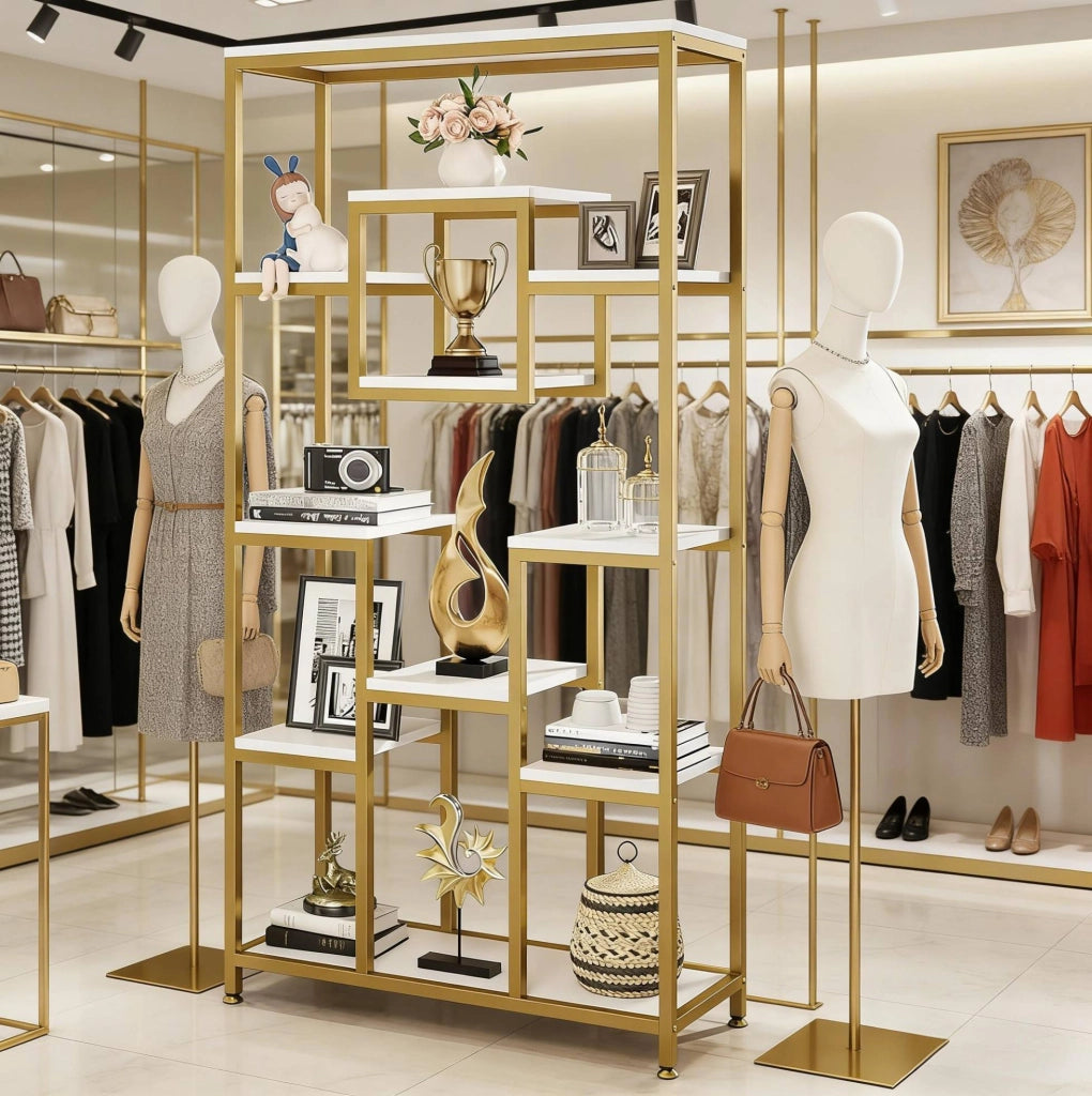 Libreria geometrica autoportante oro e bianco con 11 ripiani