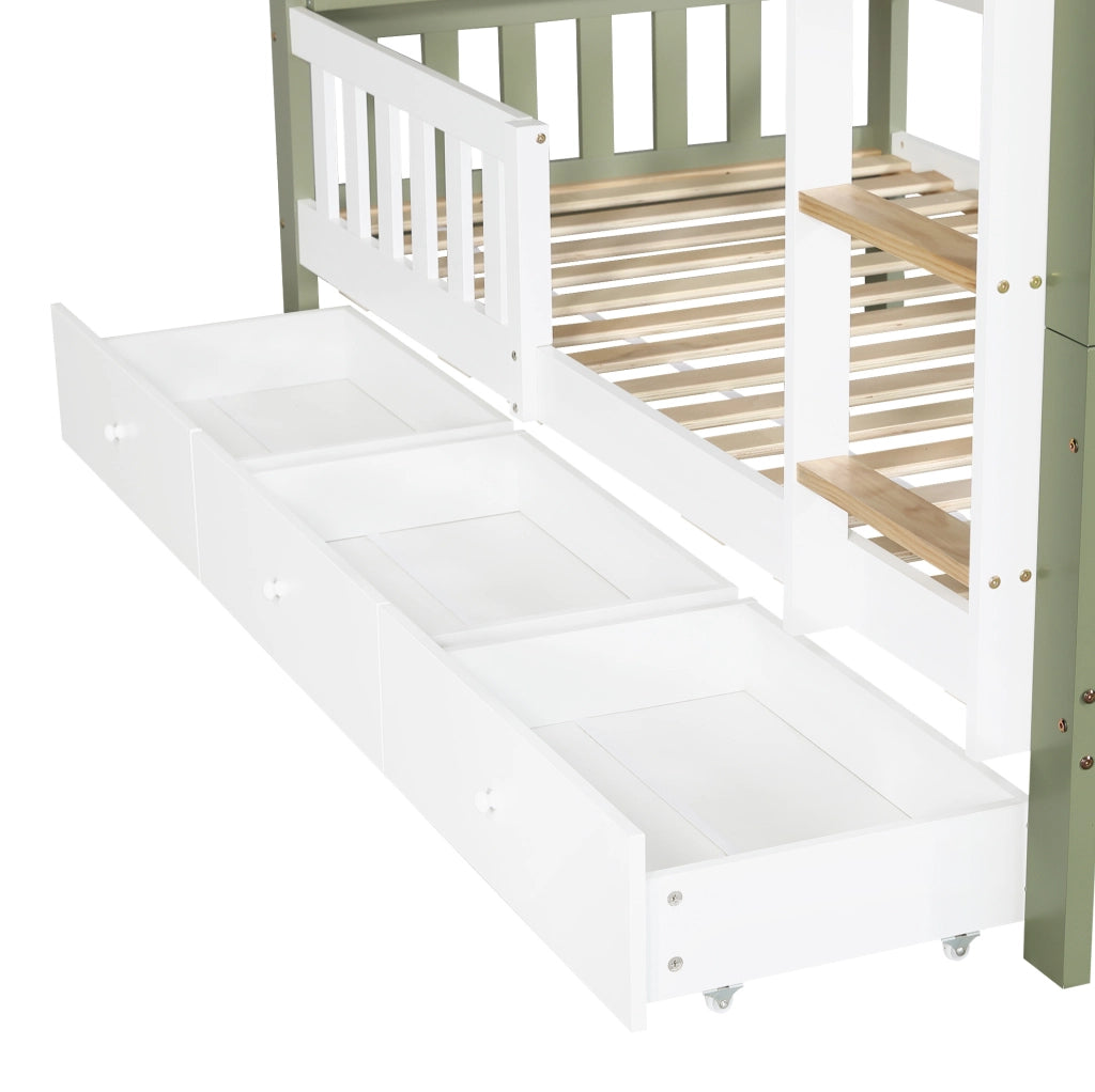 LETTO A CASTELLO 90x200 cm Bianco/Verde con scala e 3 cassetti