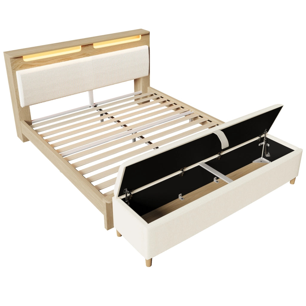 Letto matrimoniale 160x200 cm con testiera LED; panca contenitore e materasso; beige/rovere