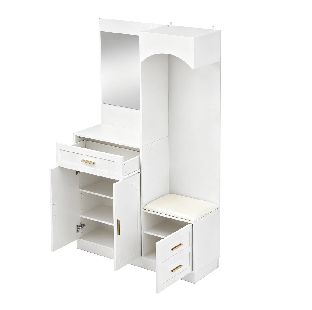 Mobile guardaroba compatto con scarpiera; specchio e panca; 110 ¡Á 33 ¡Á 185.5 cm; MDF bianco