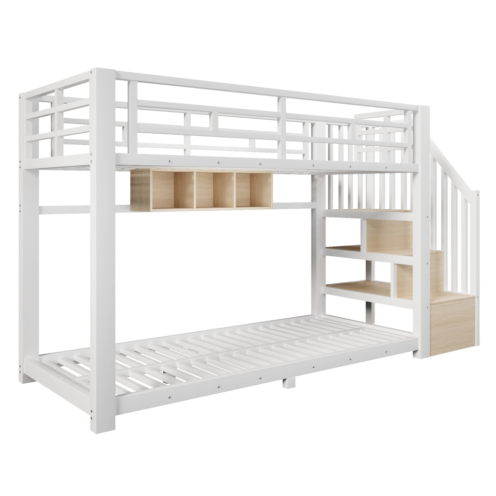 Letto a castello 90 x 200 cm bianco con scala contenitore e luci LED